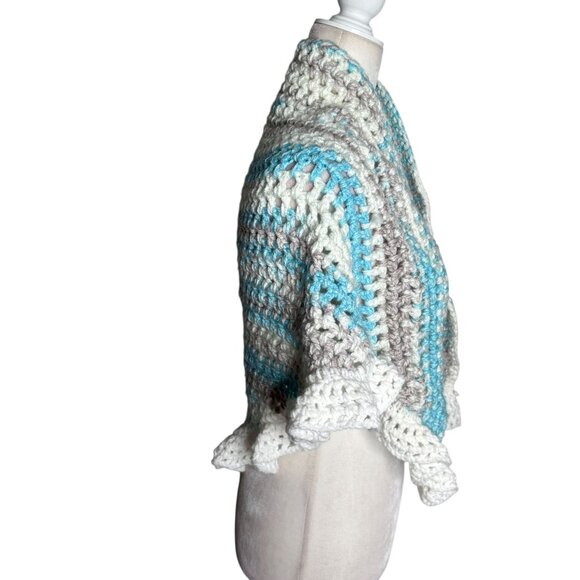 Handmade Blue Grey White Crochet Knit Shawl Wrap With Ruffled Edges Soft NEW - Picture 4 of 5